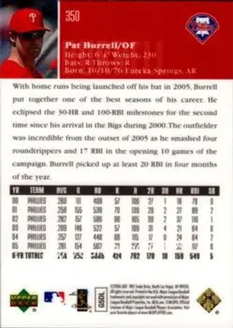 2006 Upper Deck Special F/X #350 - Pat Burrell - Philadelphia Phillies - Back 2006 Upper Deck Special F/X #350 - Pat Burrell - Philadelphia Phillies - Back