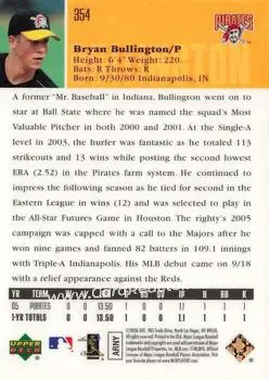 2006 Upper Deck Special F/X #354 - Bryan Bullington - Pittsburgh Pirates - Back 2006 Upper Deck Special F/X #354 - Bryan Bullington - Pittsburgh Pirates - Back