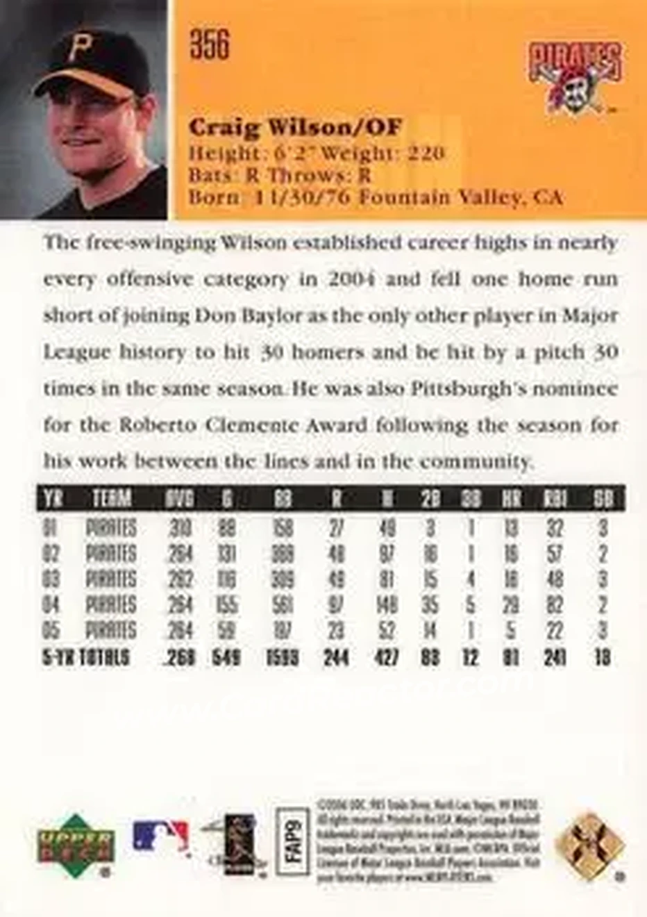 2006 Upper Deck Special F/X #356 - Craig Wilson - Pittsburgh Pirates - Back 2006 Upper Deck Special F/X #356 - Craig Wilson - Pittsburgh Pirates - Back