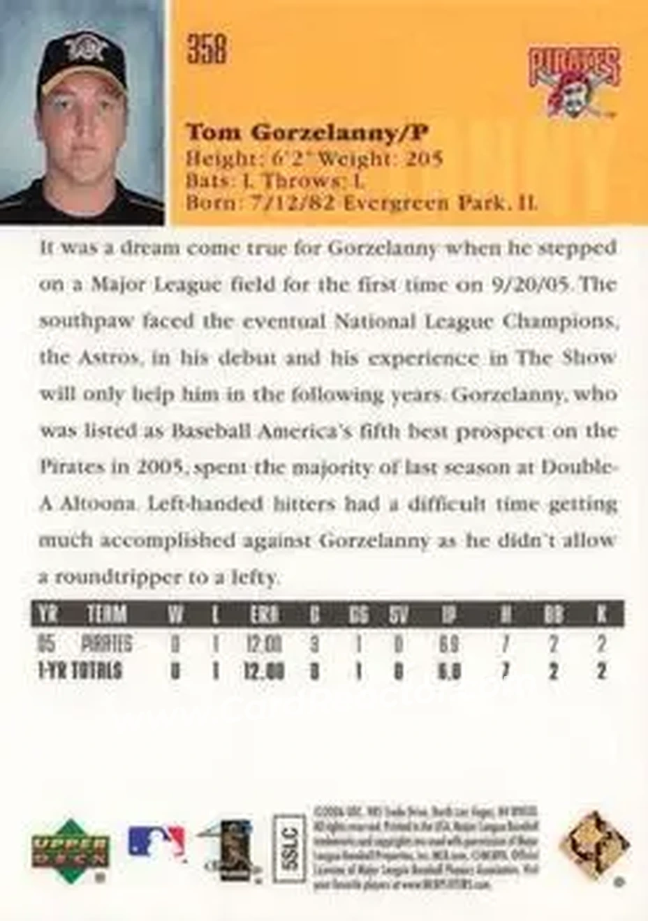 2006 Upper Deck Special F/X #358 - Tom Gorzelanny - Pittsburgh Pirates - Back