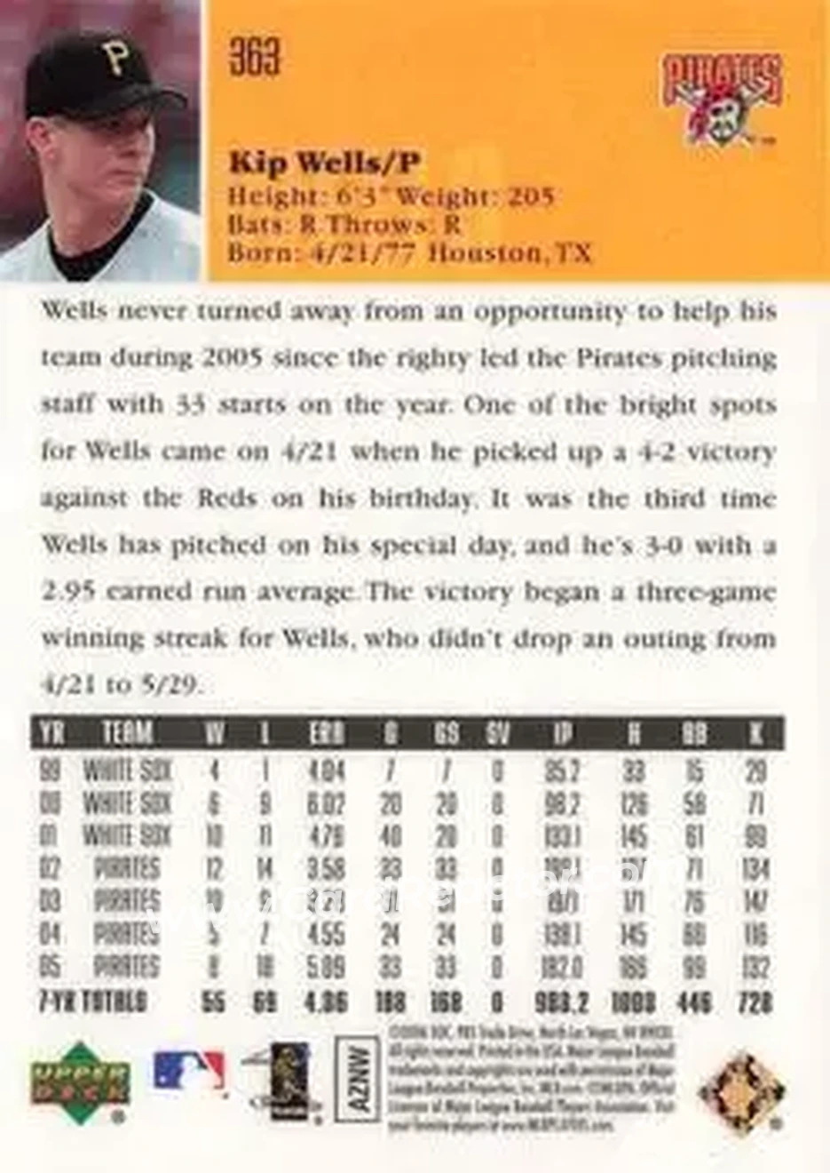 2006 Upper Deck Special F/X #363 - Kip Wells - Pittsburgh Pirates - Back 2006 Upper Deck Special F/X #363 - Kip Wells - Pittsburgh Pirates - Back