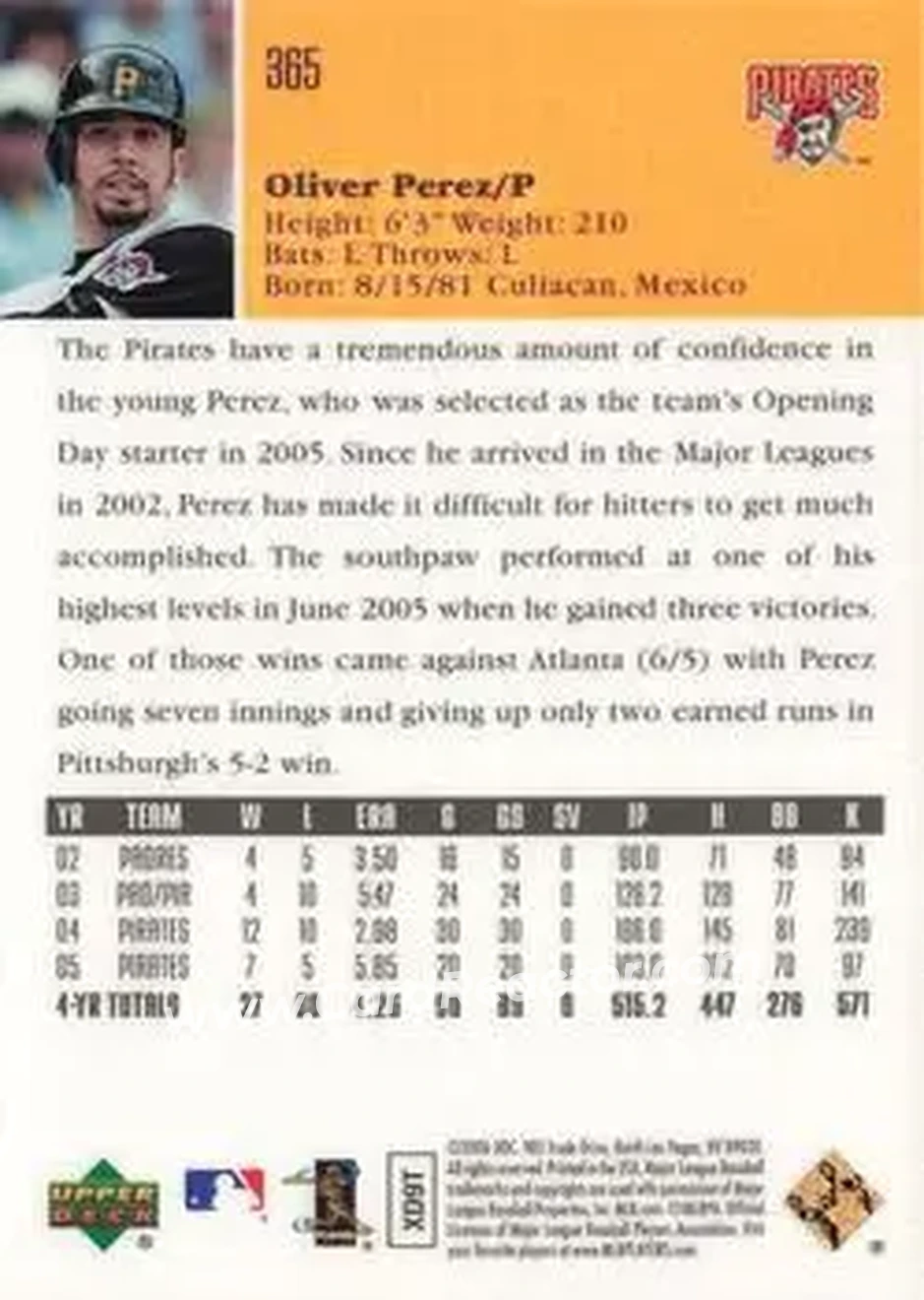 2006 Upper Deck Special F/X #365 - Oliver Perez - Pittsburgh Pirates - Back 2006 Upper Deck Special F/X #365 - Oliver Perez - Pittsburgh Pirates - Back