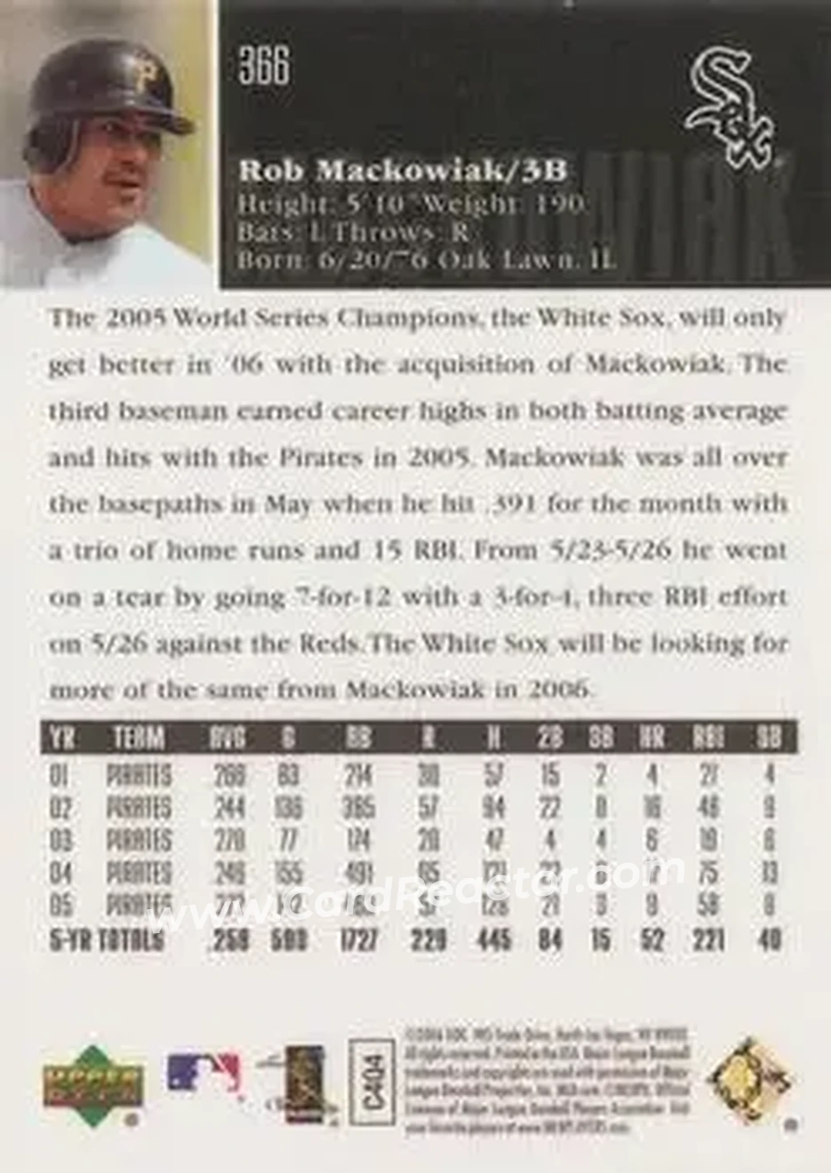 2006 Upper Deck Special F/X #366 - Rob Mackowiak - Chicago White Sox - Back 2006 Upper Deck Special F/X #366 - Rob Mackowiak - Chicago White Sox - Back