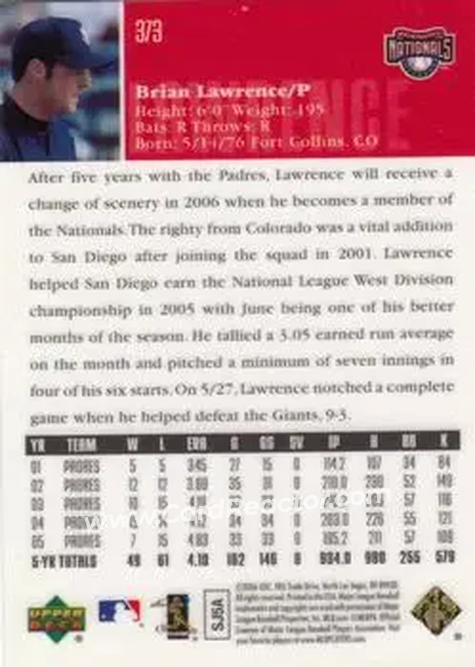 2006 Upper Deck Special F/X #373 - Brian Lawrence - Washington Nationals - Back