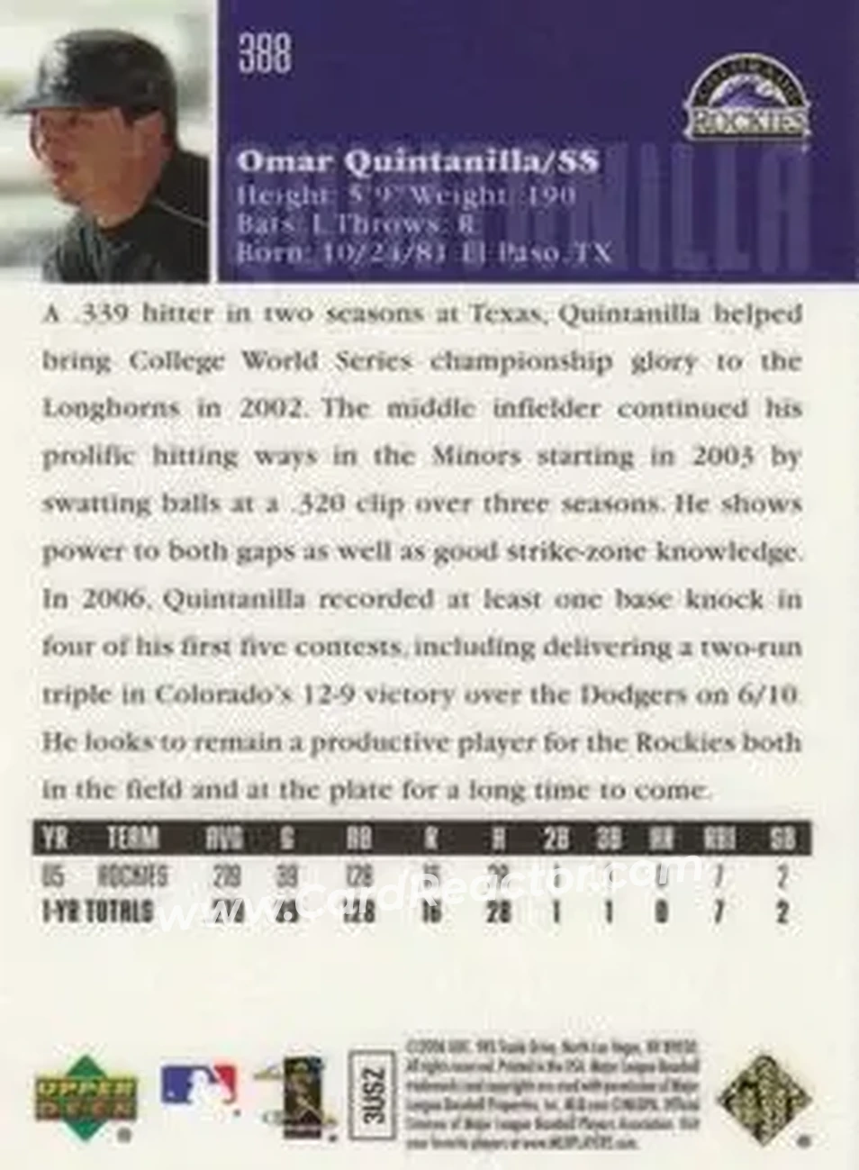 2006 Upper Deck Special F/X #388 - Omar Quintanilla - Colorado Rockies - Back 2006 Upper Deck Special F/X #388 - Omar Quintanilla - Colorado Rockies - Back