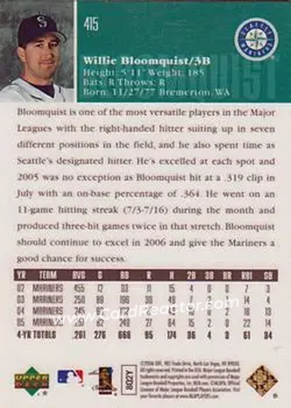 2006 Upper Deck Special F/X #415 - Willie Bloomquist - Seattle Mariners - Back 2006 Upper Deck Special F/X #415 - Willie Bloomquist - Seattle Mariners - Back