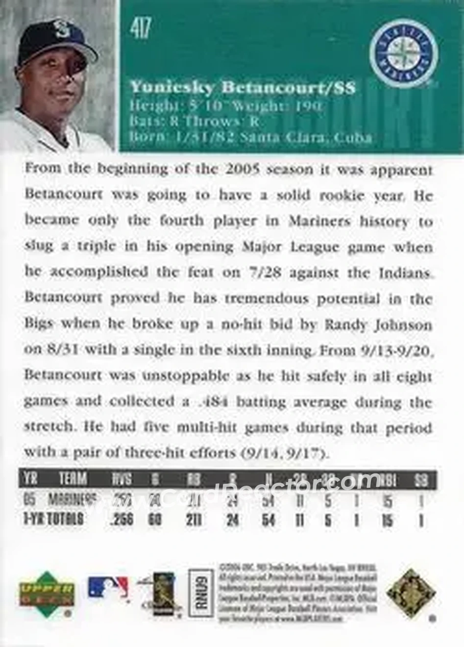 2006 Upper Deck Special F/X #417 - Yuniesky Betancourt - Seattle Mariners - Back 2006 Upper Deck Special F/X #417 - Yuniesky Betancourt - Seattle Mariners - Back