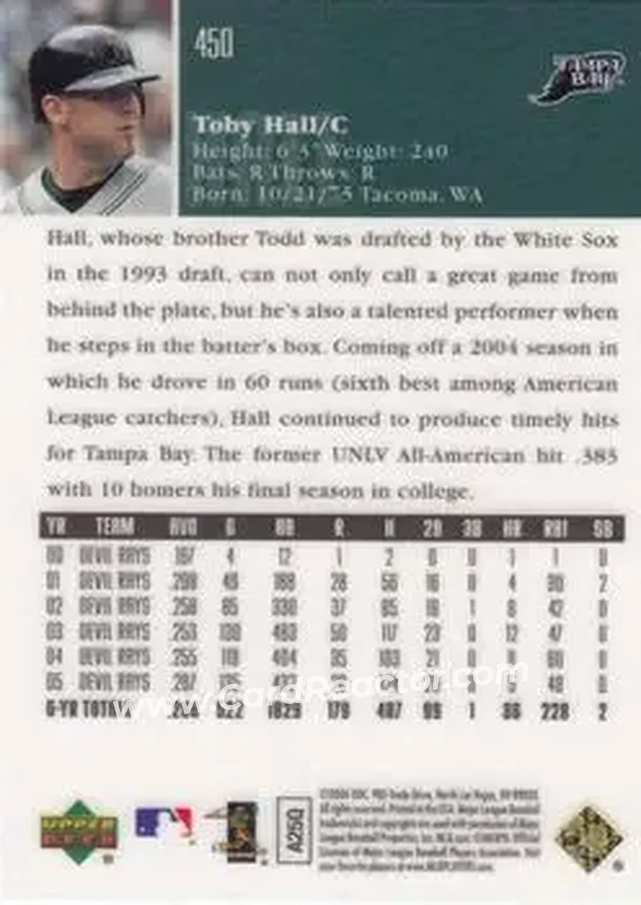 2006 Upper Deck Special F/X #450 - Toby Hall - Tampa Bay Devil Rays - Back