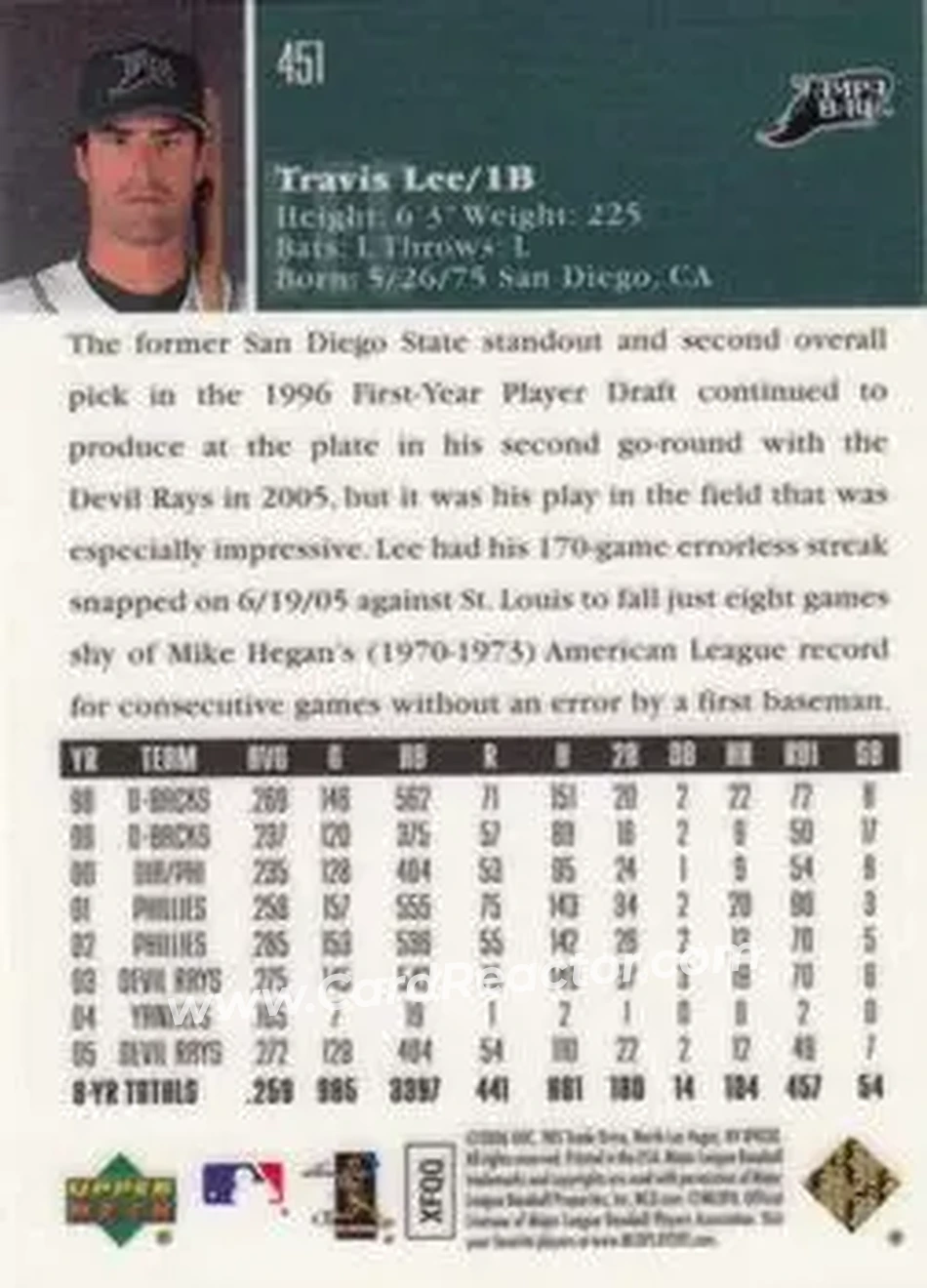 2006 Upper Deck Special F/X #451 - Travis Lee - Tampa Bay Devil Rays - Back