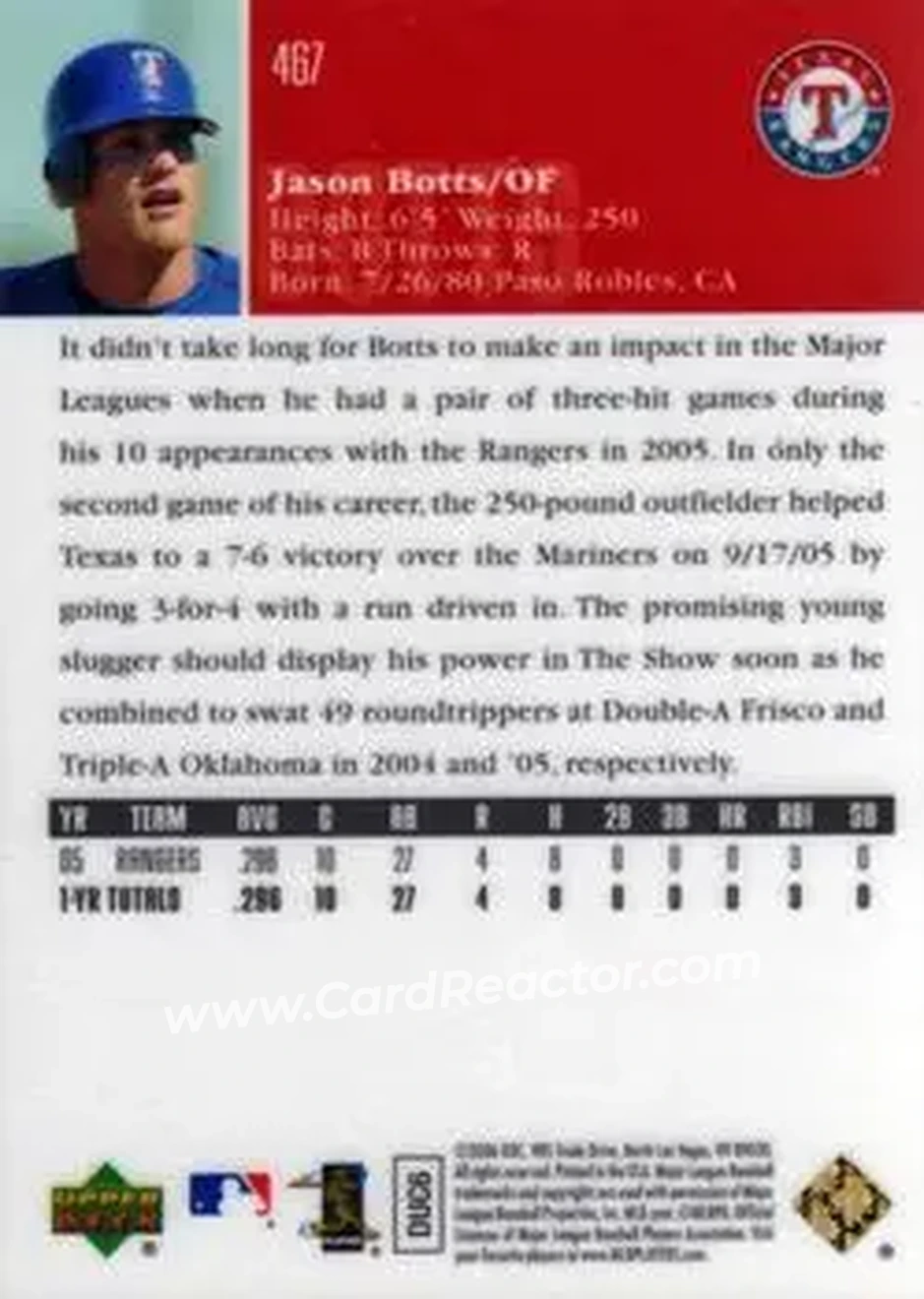 2006 Upper Deck Special F/X #467 - Jason Botts - Texas Rangers - Back