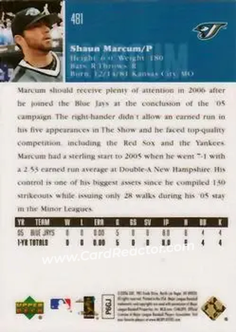 2006 Upper Deck Special F/X #481 - Shaun Marcum - Toronto Blue Jays - Back 2006 Upper Deck Special F/X #481 - Shaun Marcum - Toronto Blue Jays - Back