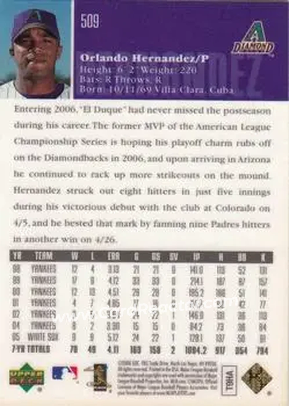 2006 Upper Deck Special F/X #509 - Orlando Hernandez - Arizona Diamondbacks - Back 2006 Upper Deck Special F/X #509 - Orlando Hernandez - Arizona Diamondbacks - Back