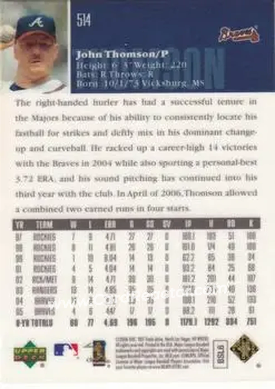 2006 Upper Deck Special F/X #514 - John Thomson - Atlanta Braves - Back
