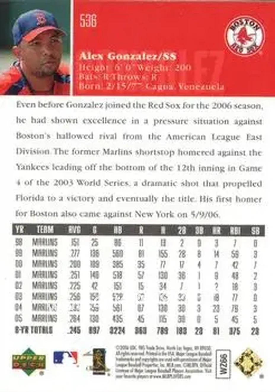2006 Upper Deck Special F/X #536 - Alex Gonzalez - Boston Red Sox - Back 2006 Upper Deck Special F/X #536 - Alex Gonzalez - Boston Red Sox - Back