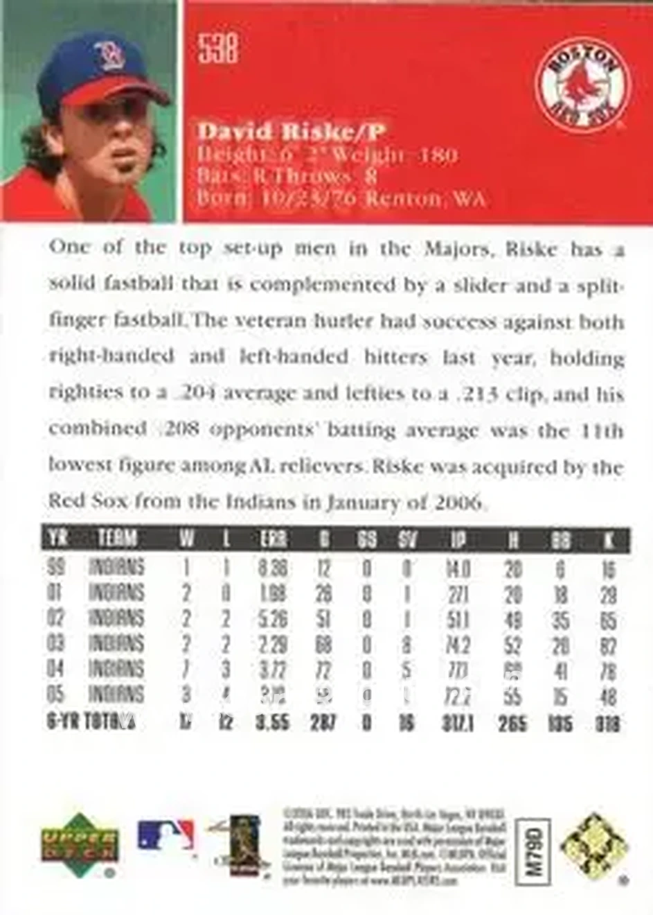 2006 Upper Deck Special F/X #538 - David Riske - Boston Red Sox - Back 2006 Upper Deck Special F/X #538 - David Riske - Boston Red Sox - Back
