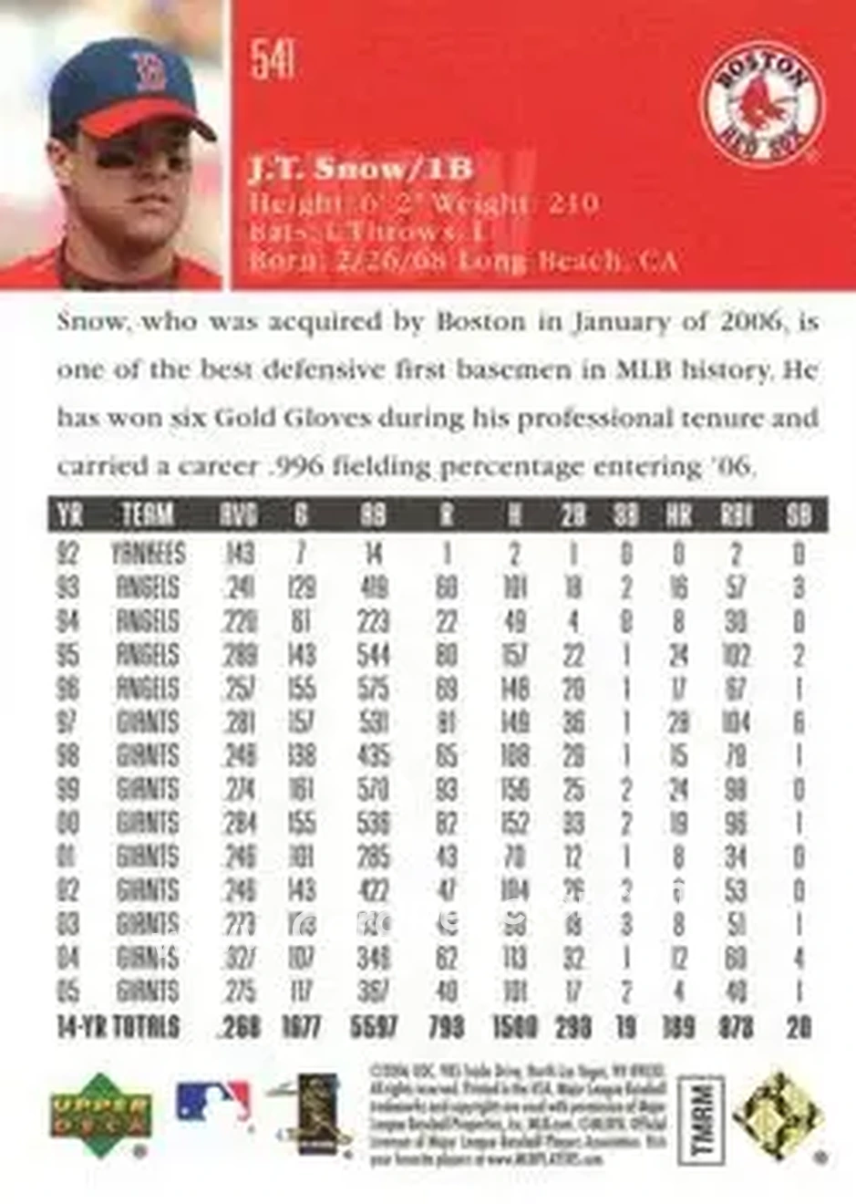 2006 Upper Deck Special F/X #541 - J.T. Snow - Boston Red Sox - Back 2006 Upper Deck Special F/X #541 - J.T. Snow - Boston Red Sox - Back
