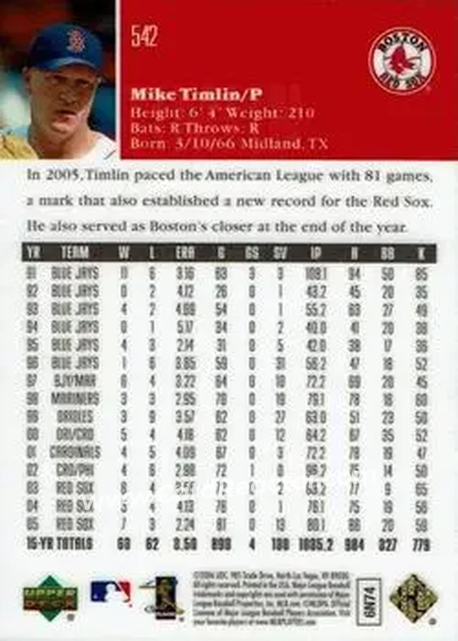 2006 Upper Deck Special F/X #542 - Mike Timlin - Boston Red Sox - Back 2006 Upper Deck Special F/X #542 - Mike Timlin - Boston Red Sox - Back