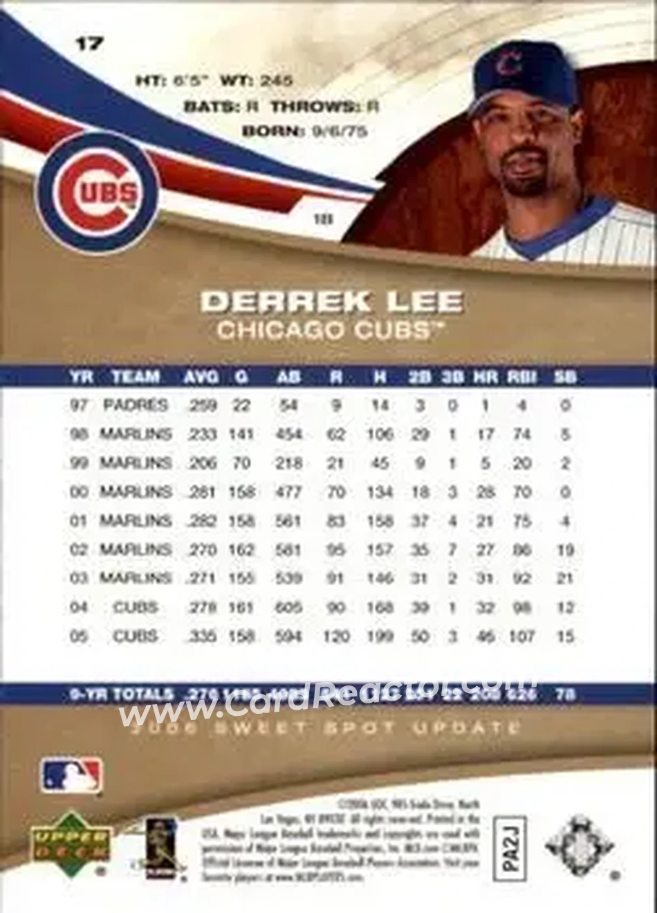 2006 Upper Deck Sweet Spot Update #17 - Derrek Lee - Chicago Cubs - Back 2006 Upper Deck Sweet Spot Update #17 - Derrek Lee - Chicago Cubs - Back