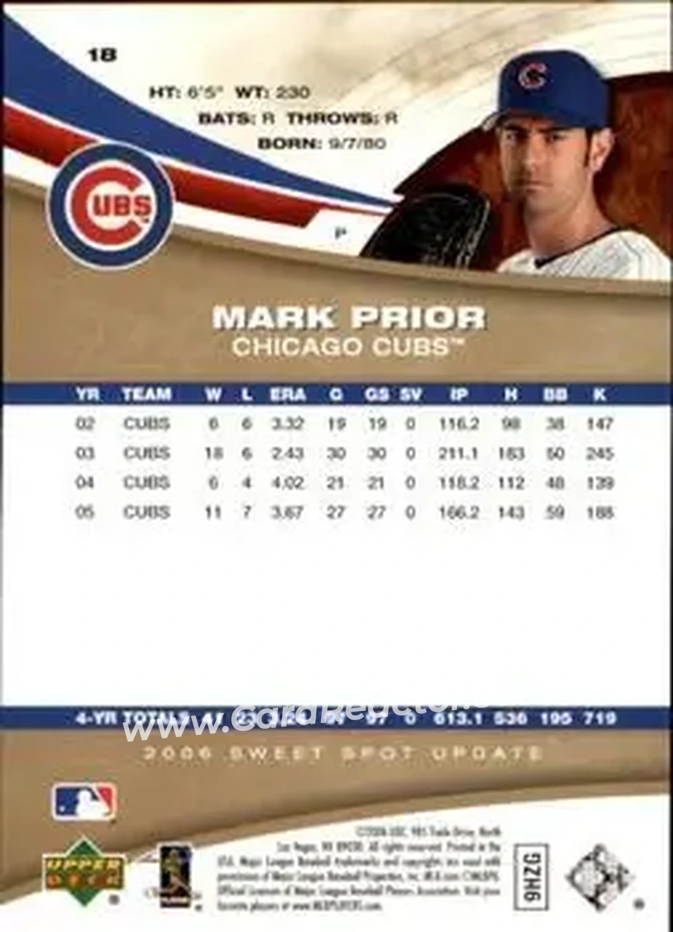 2006 Upper Deck Sweet Spot Update #18 - Mark Prior - Chicago Cubs - Back 2006 Upper Deck Sweet Spot Update #18 - Mark Prior - Chicago Cubs - Back