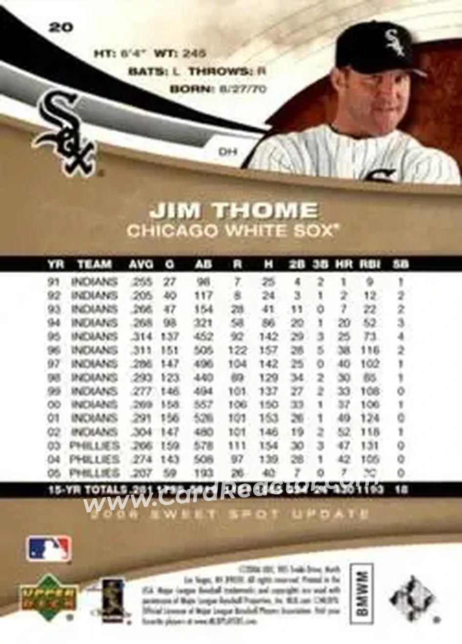 2006 Upper Deck Sweet Spot Update #20 - Jim Thome - Chicago White Sox - Back 2006 Upper Deck Sweet Spot Update #20 - Jim Thome - Chicago White Sox - Back