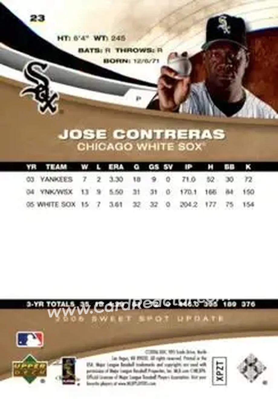 2006 Upper Deck Sweet Spot Update #23 - Jose Contreras - Chicago White Sox - Back