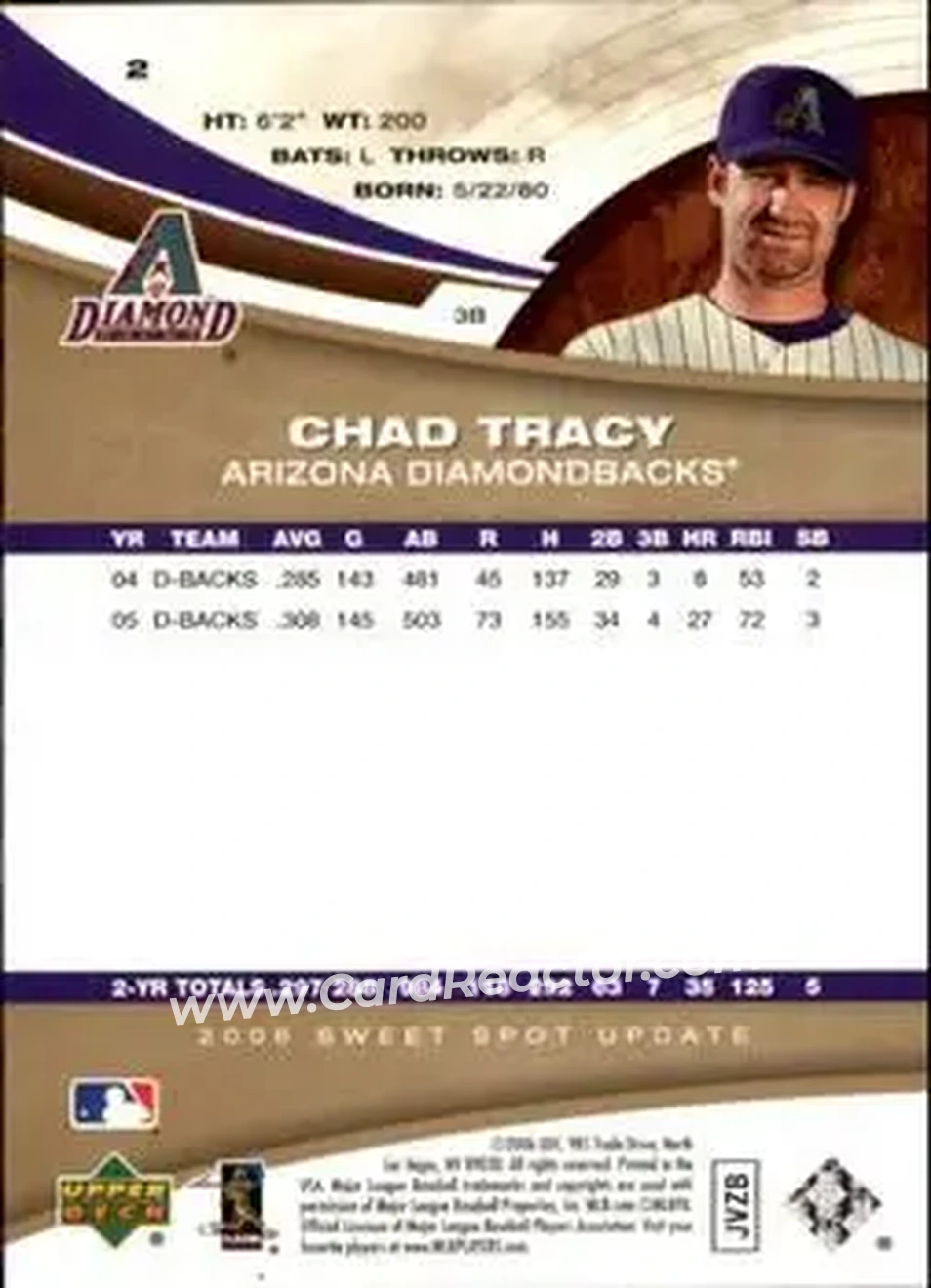 2006 Upper Deck Sweet Spot Update #2 - Chad Tracy - Arizona Diamondbacks - Back 2006 Upper Deck Sweet Spot Update #2 - Chad Tracy - Arizona Diamondbacks - Back