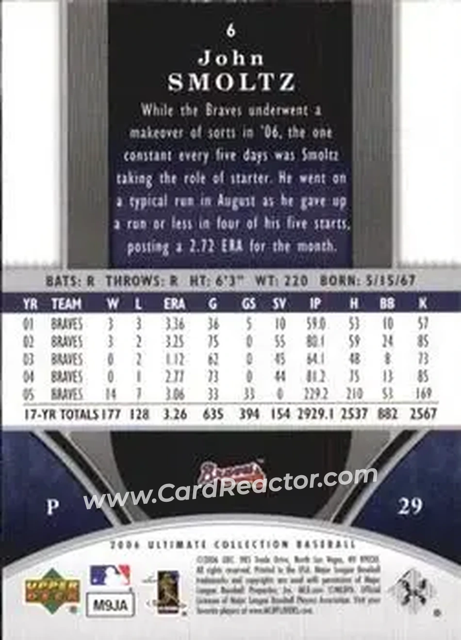 2006 Upper Deck Ultimate Collection #6 - John Smoltz - Atlanta Braves - Back 2006 Upper Deck Ultimate Collection #6 - John Smoltz - Atlanta Braves - Back