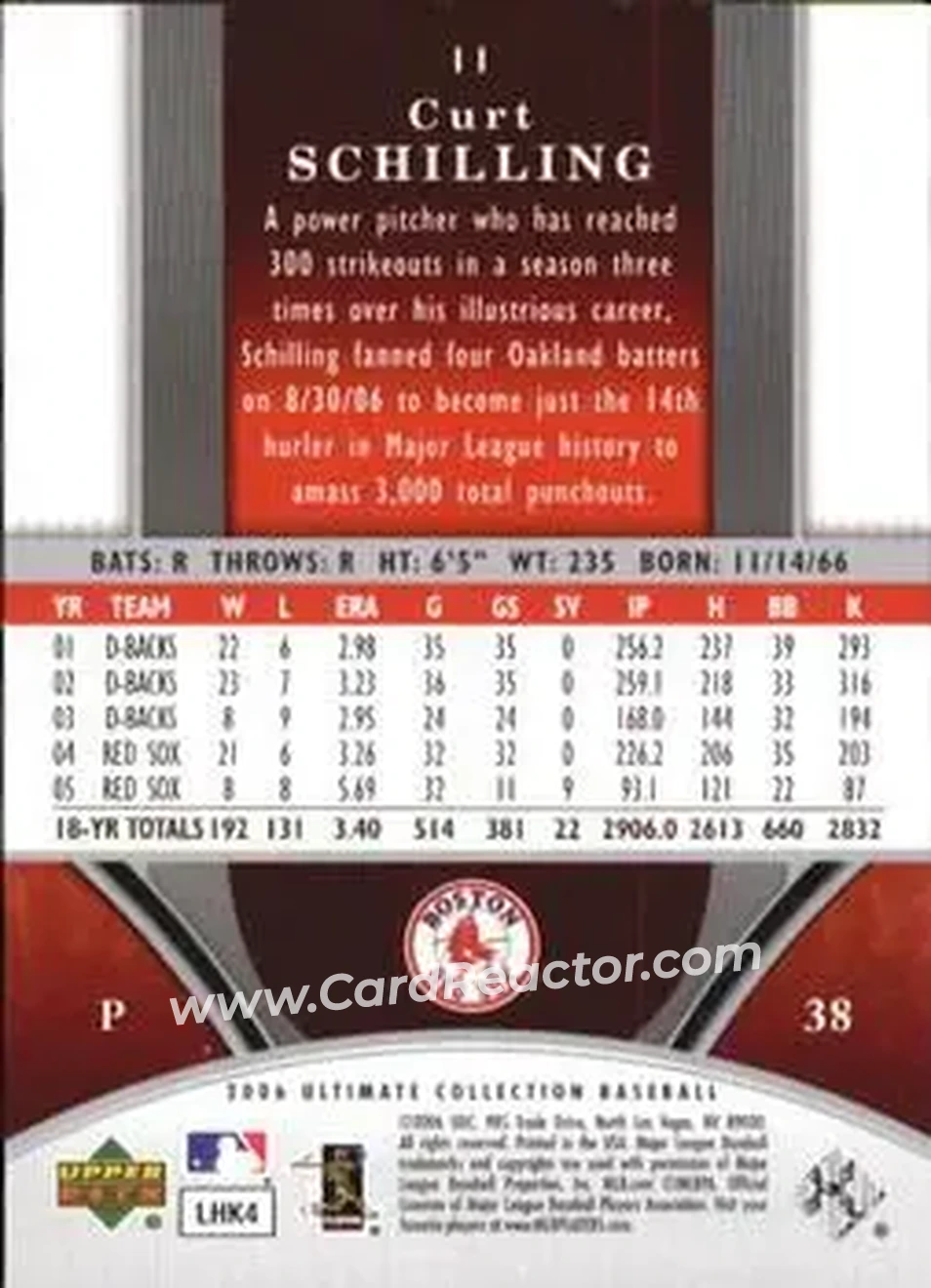 2006 Upper Deck Ultimate Collection #11 - Curt Schilling - Boston Red Sox - Back 2006 Upper Deck Ultimate Collection #11 - Curt Schilling - Boston Red Sox - Back