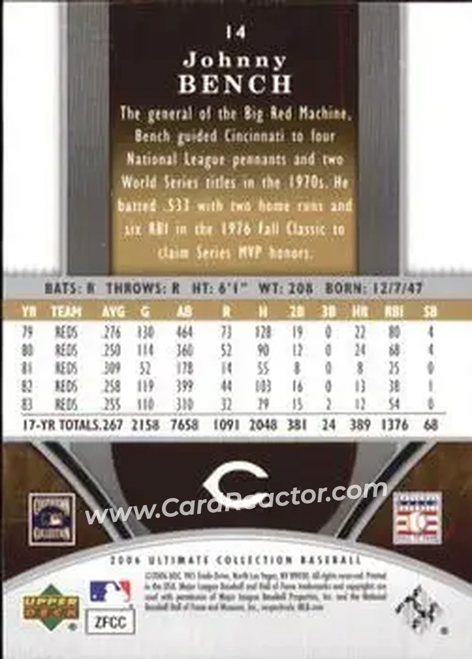 2006 Upper Deck Ultimate Collection #14 - Johnny Bench - Cincinnati Reds - Back