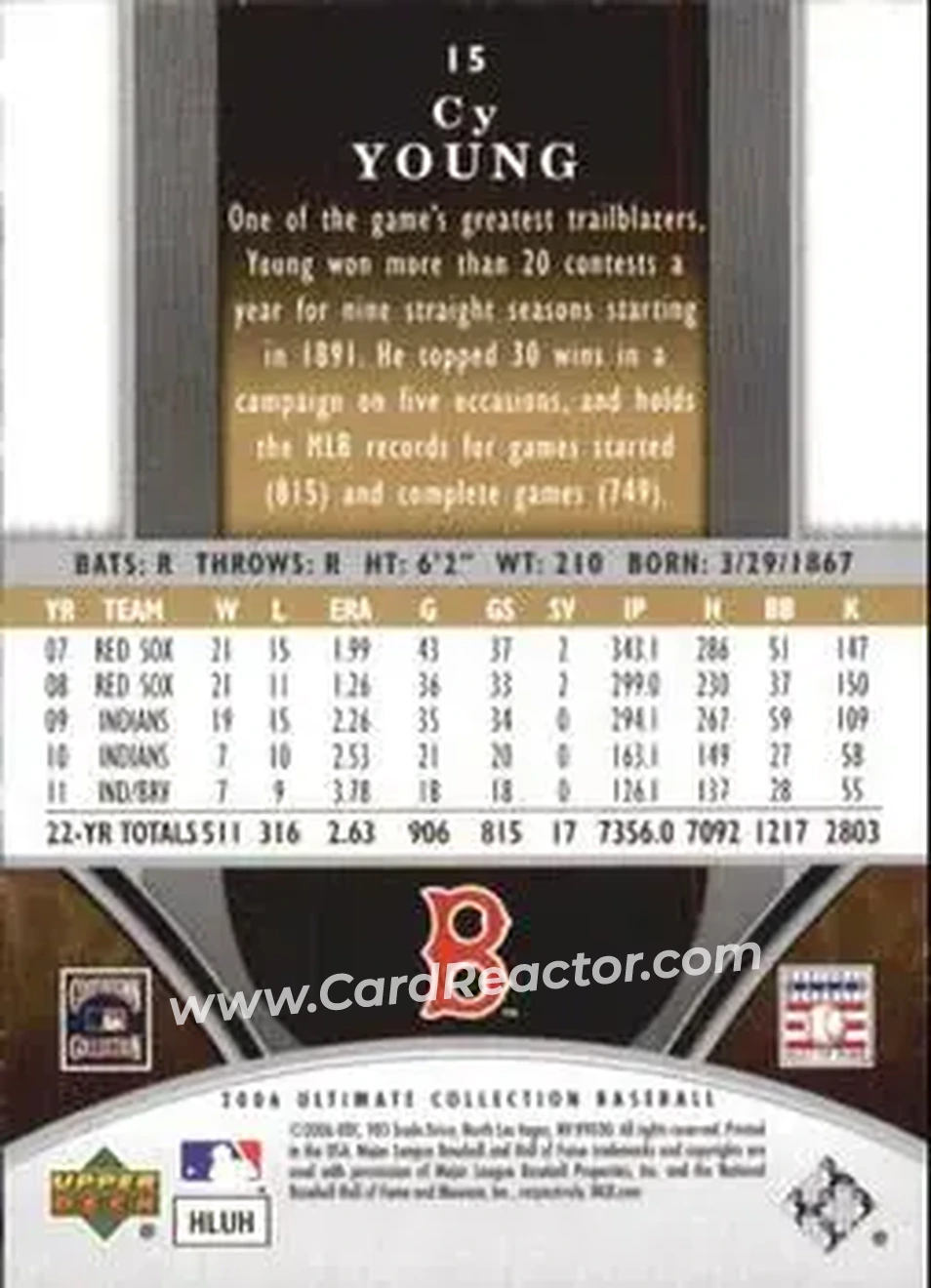 2006 Upper Deck Ultimate Collection #15 - Cy Young - Boston Red Sox - Back 2006 Upper Deck Ultimate Collection #15 - Cy Young - Boston Red Sox - Back