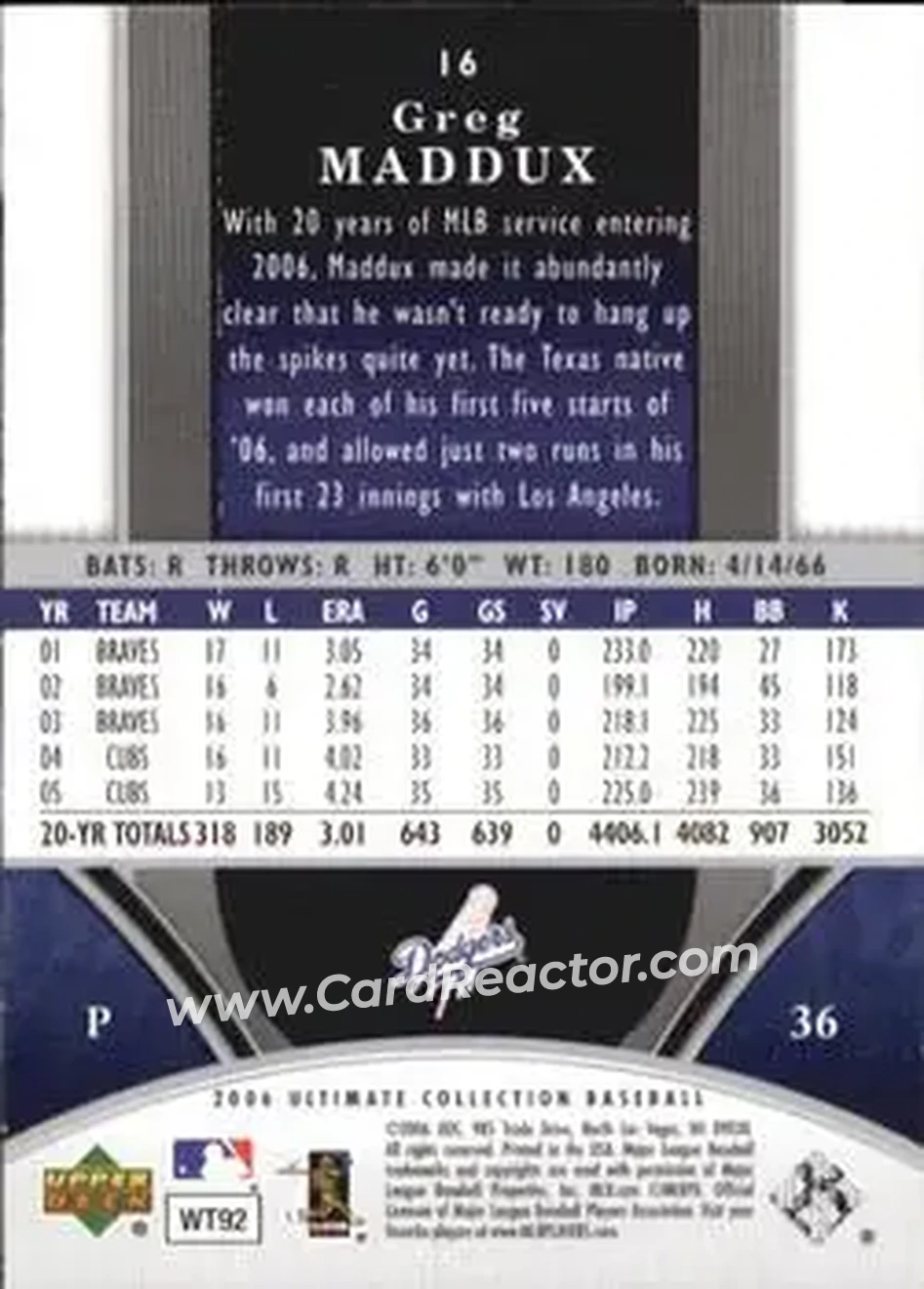 2006 Upper Deck Ultimate Collection #16 - Greg Maddux - Los Angeles Dodgers - Back