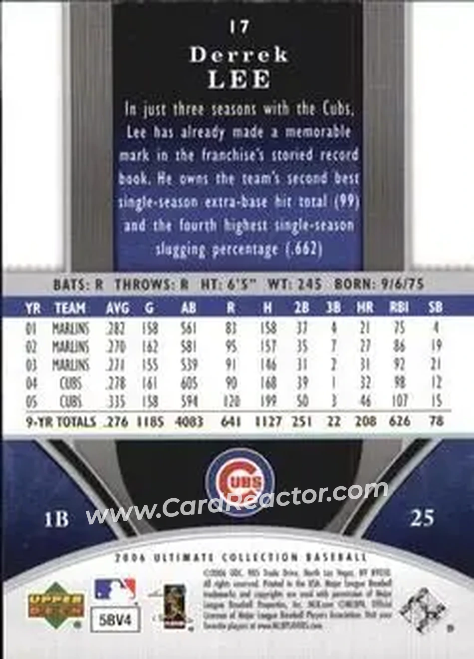 2006 Upper Deck Ultimate Collection #17 - Derrek Lee - Chicago Cubs - Back 2006 Upper Deck Ultimate Collection #17 - Derrek Lee - Chicago Cubs - Back