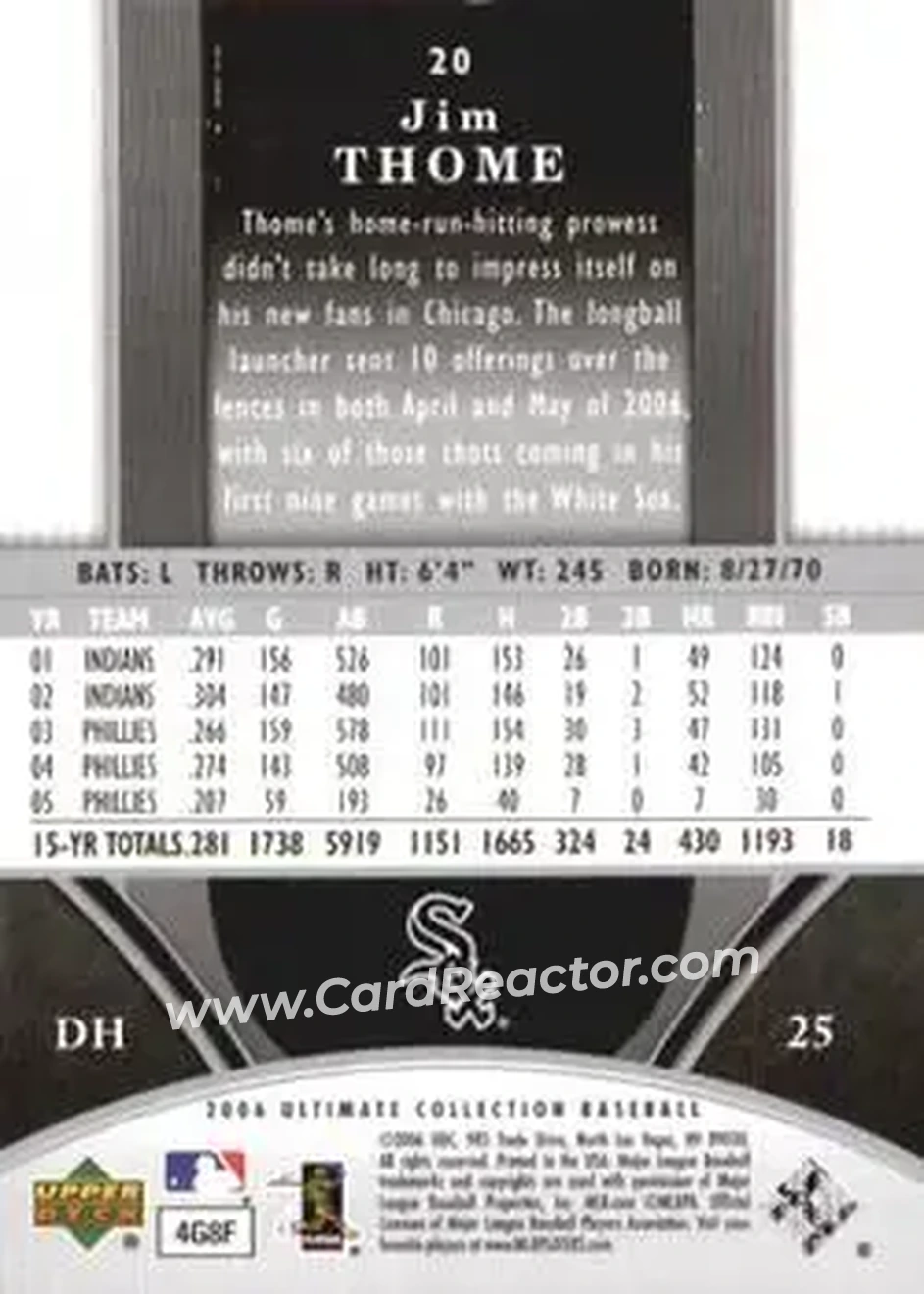 2006 Upper Deck Ultimate Collection #20 - Jim Thome - Chicago White Sox - Back 2006 Upper Deck Ultimate Collection #20 - Jim Thome - Chicago White Sox - Back