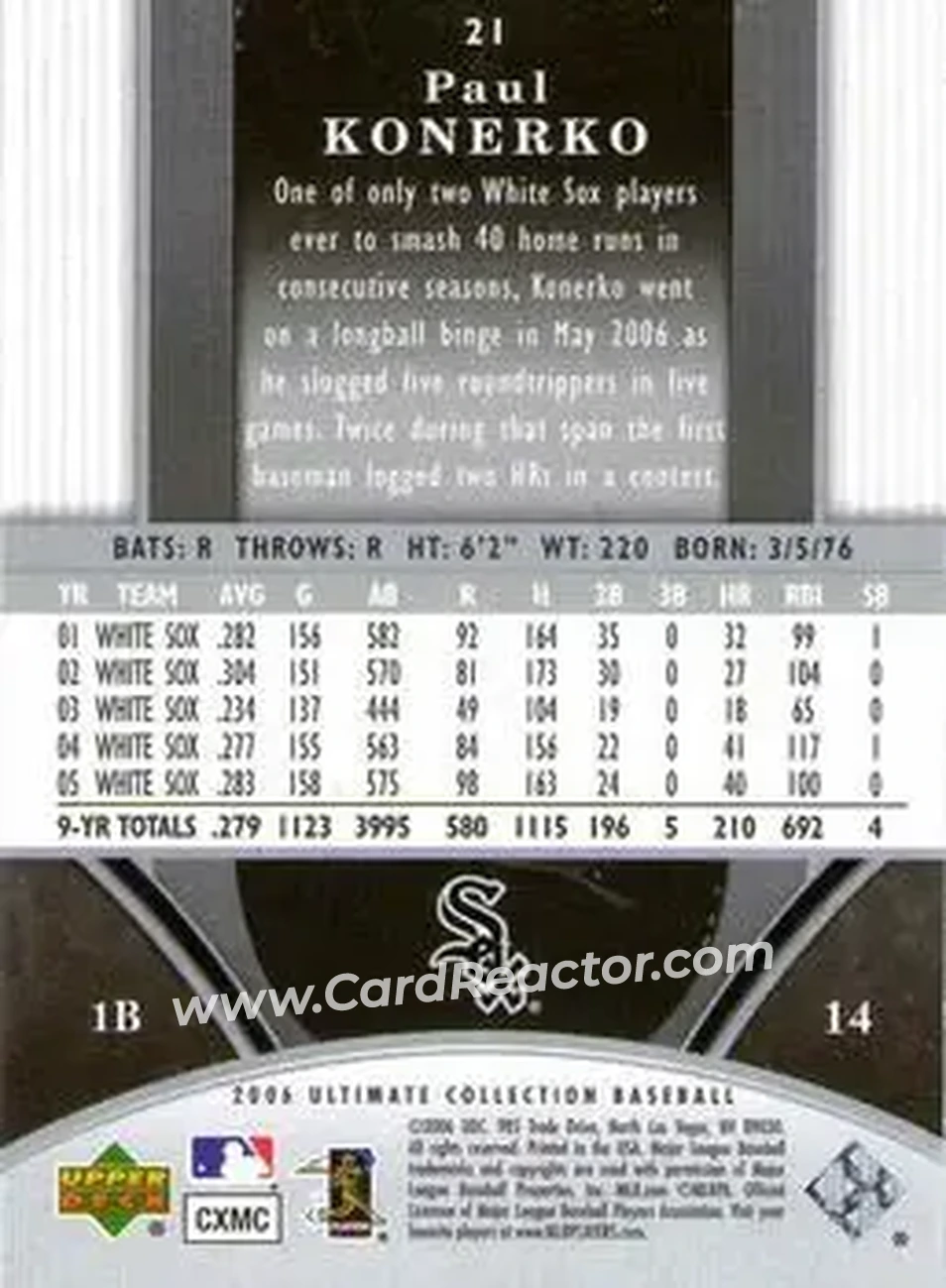 2006 Upper Deck Ultimate Collection #21 - Paul Konerko - Chicago White Sox - Back 2006 Upper Deck Ultimate Collection #21 - Paul Konerko - Chicago White Sox - Back