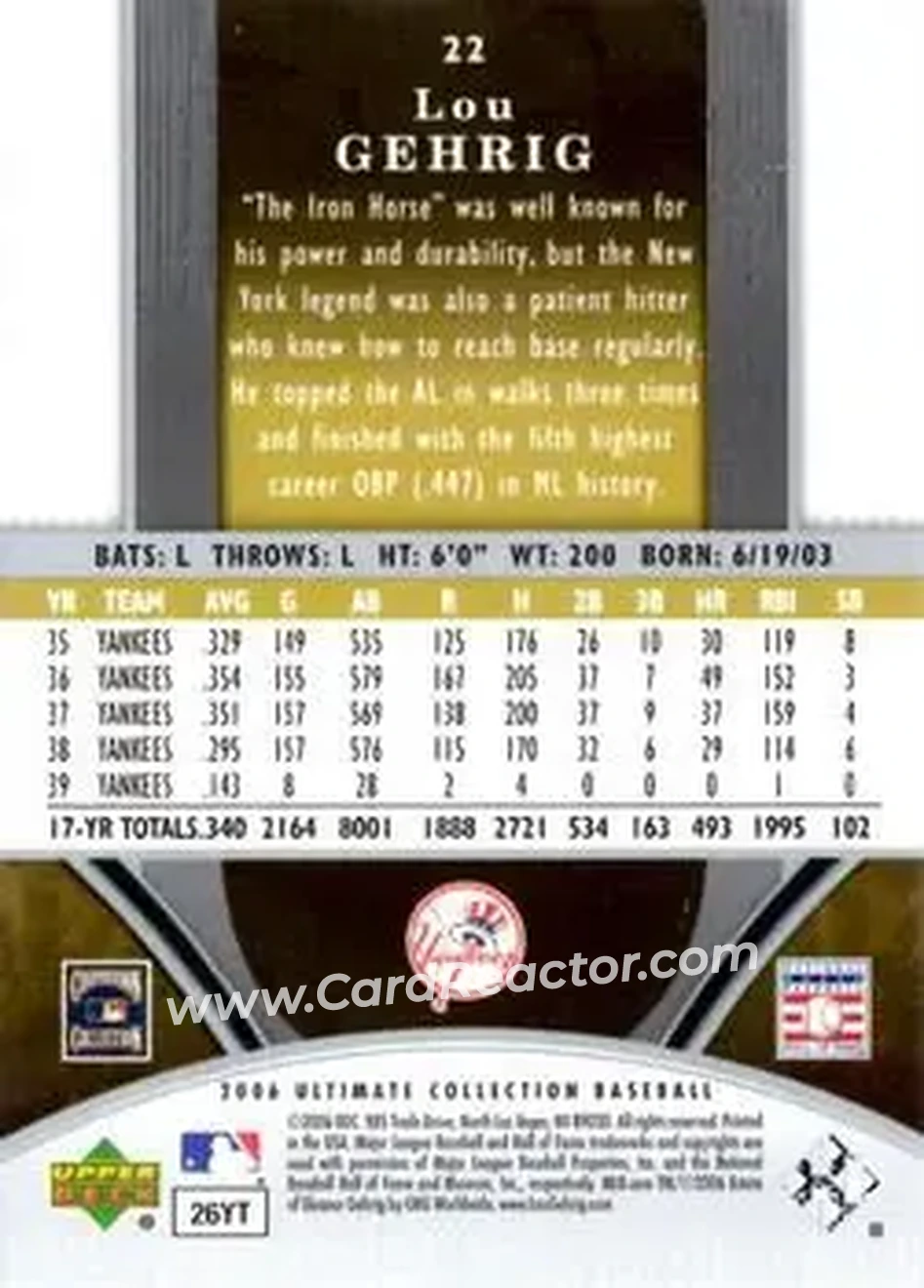2006 Upper Deck Ultimate Collection #22 - Lou Gehrig - New York Yankees - Back 2006 Upper Deck Ultimate Collection #22 - Lou Gehrig - New York Yankees - Back