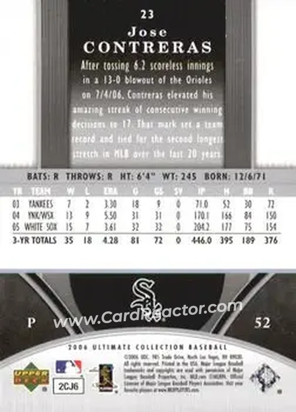 2006 Upper Deck Ultimate Collection #23 - Jose Contreras - Chicago White Sox - Back 2006 Upper Deck Ultimate Collection #23 - Jose Contreras - Chicago White Sox - Back