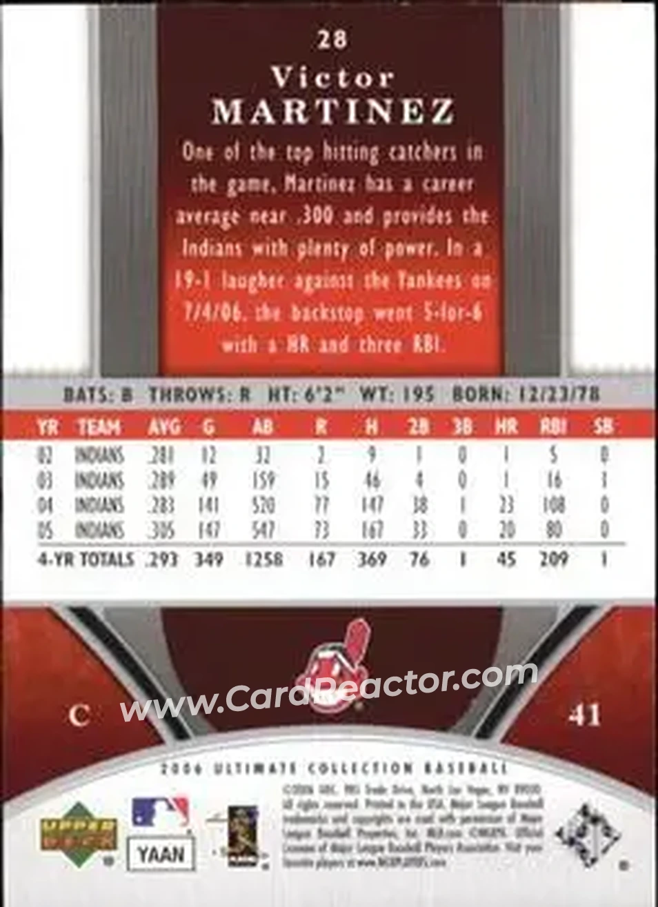 2006 Upper Deck Ultimate Collection #28 - Victor Martinez - Cleveland Indians - Back 2006 Upper Deck Ultimate Collection #28 - Victor Martinez - Cleveland Indians - Back