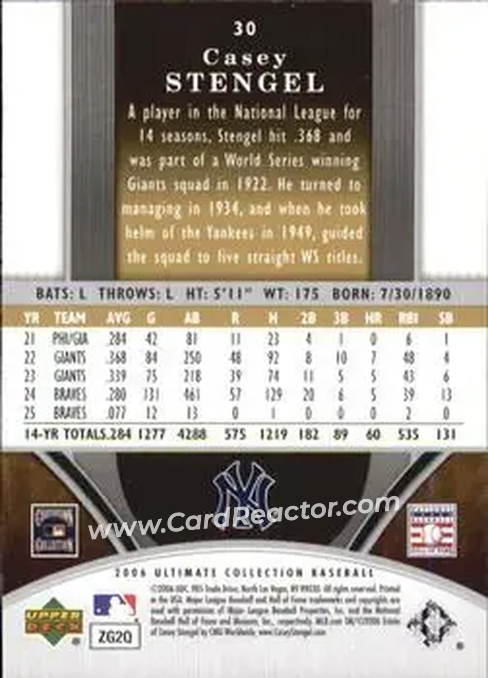 2006 Upper Deck Ultimate Collection #30 - Casey Stengel - New York Yankees - Back