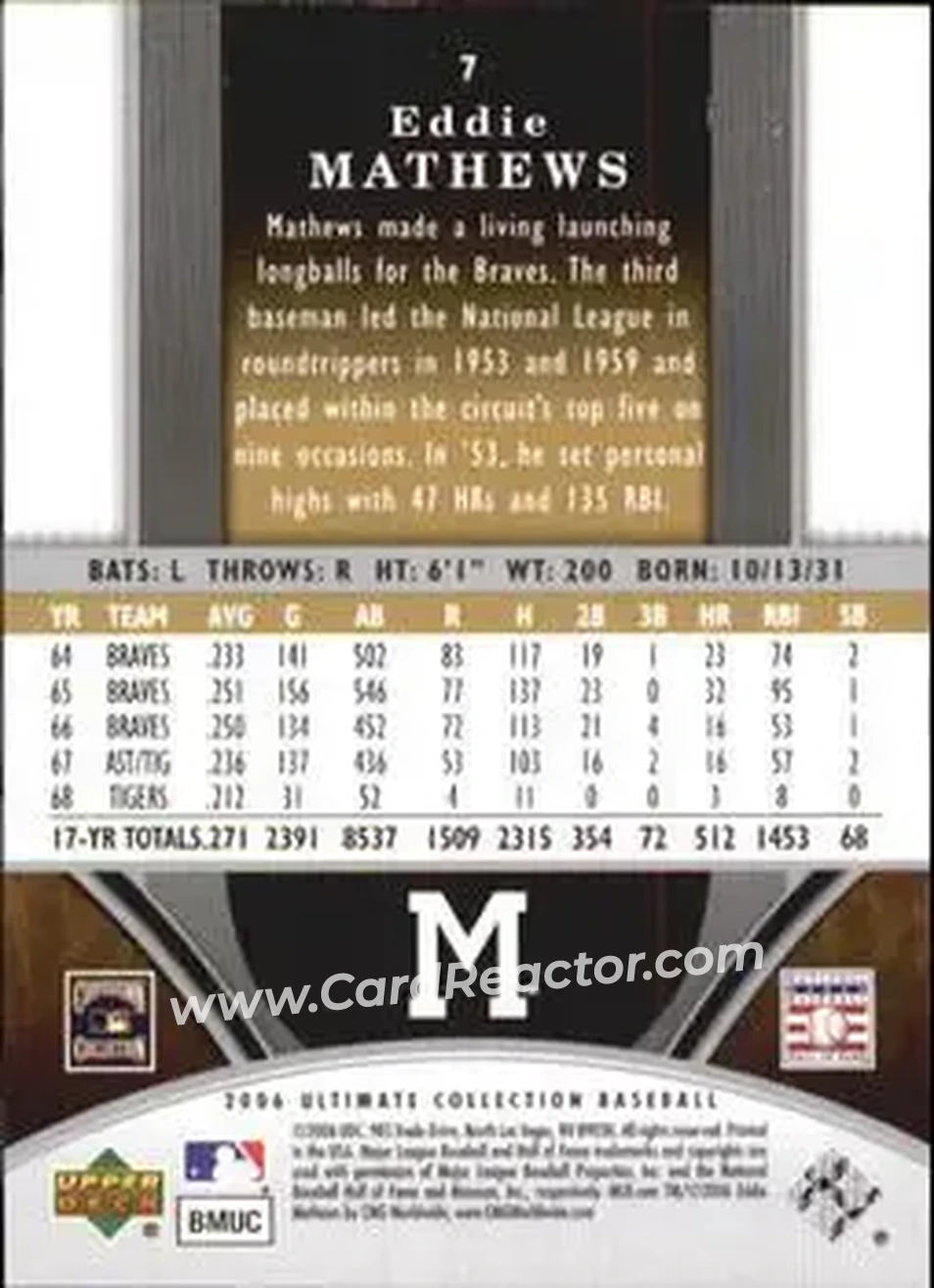 2006 Upper Deck Ultimate Collection #7 - Ed Mathews - Milwaukee Braves - Back