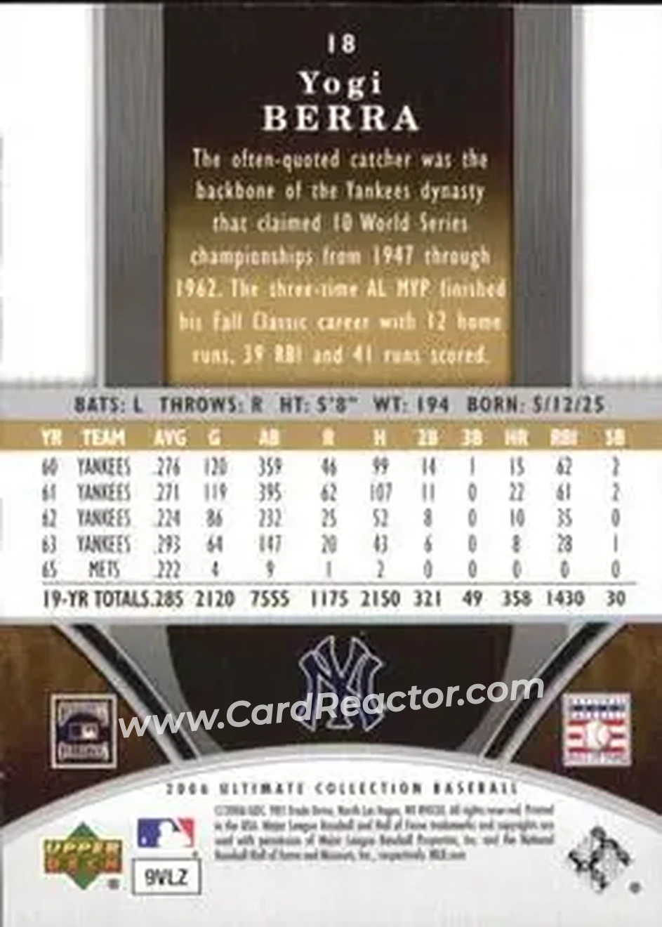 2006 Upper Deck Ultimate Collection #18 - Larry "Yogi" Berra - New York Yankees - Back 2006 Upper Deck Ultimate Collection #18 - Larry "Yogi" Berra - New York Yankees - Back