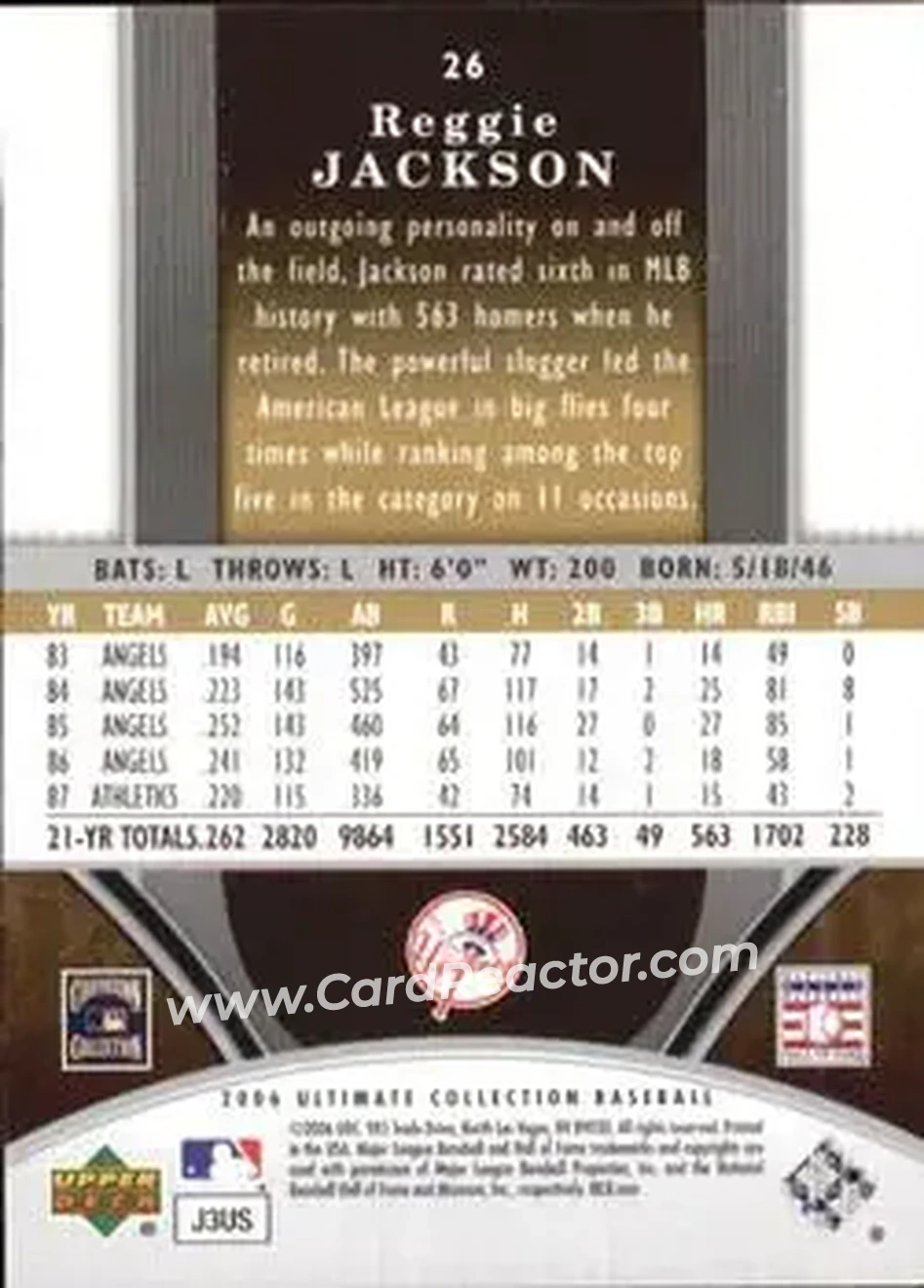 2006 Upper Deck Ultimate Collection #26 - Reggie Jackson (b.1946 OF) - New York Yankees - Back