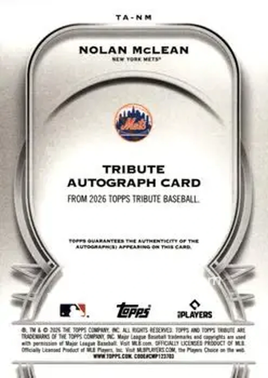 2026 Topps Tribute - Tribute Autographs Gold #TA-NM - Nolan McLean - New York Mets - Back 2026 Topps Tribute - Tribute Autographs Gold #TA-NM - Nolan McLean - New York Mets - Back
