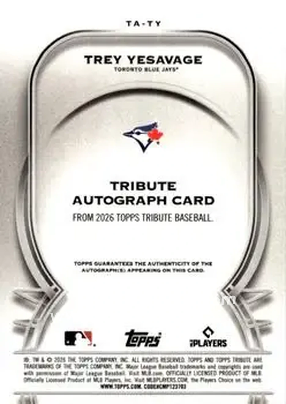 2026 Topps Tribute - Tribute Autographs Gold #TA-TY - Trey Yesavage - Toronto Blue Jays - Back 2026 Topps Tribute - Tribute Autographs Gold #TA-TY - Trey Yesavage - Toronto Blue Jays - Back
