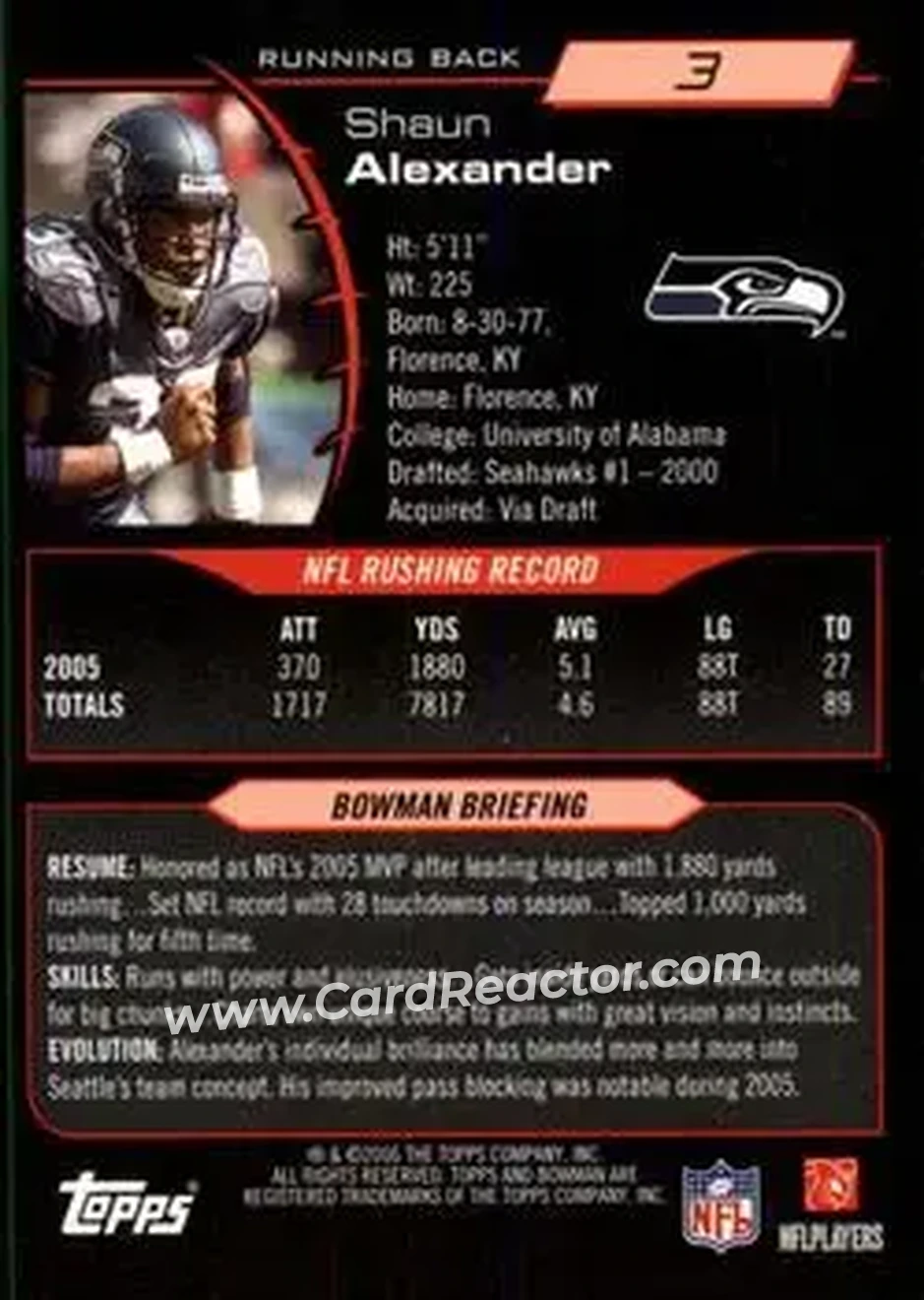 2006 Bowman #3 - Shaun Alexander - Seattle Seahawks - Back