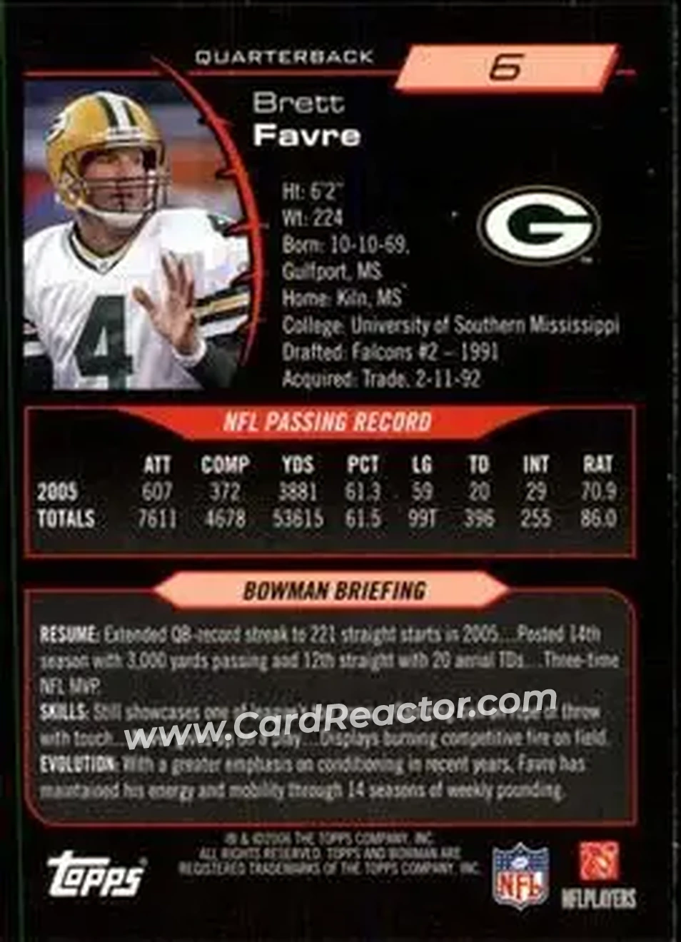 2006 Bowman #6 - Brett Favre - Green Bay Packers - Back