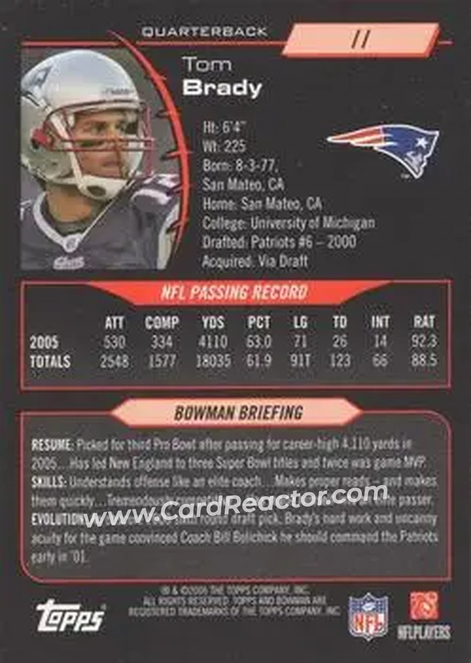 2006 Bowman #11 - Tom Brady - New England Patriots - Back