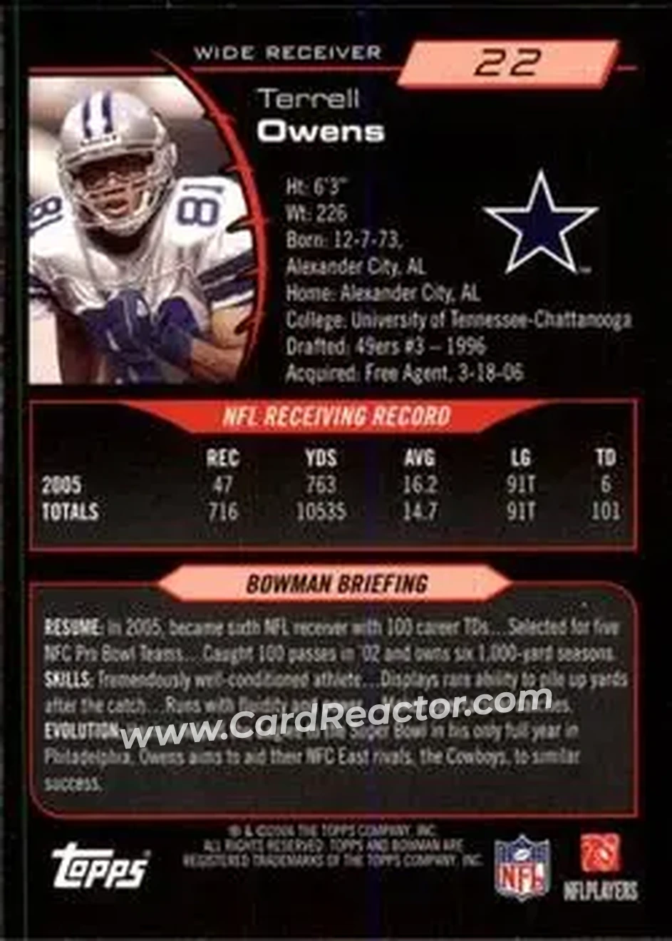 2006 Bowman #22 - Terrell Owens - Dallas Cowboys - Back
