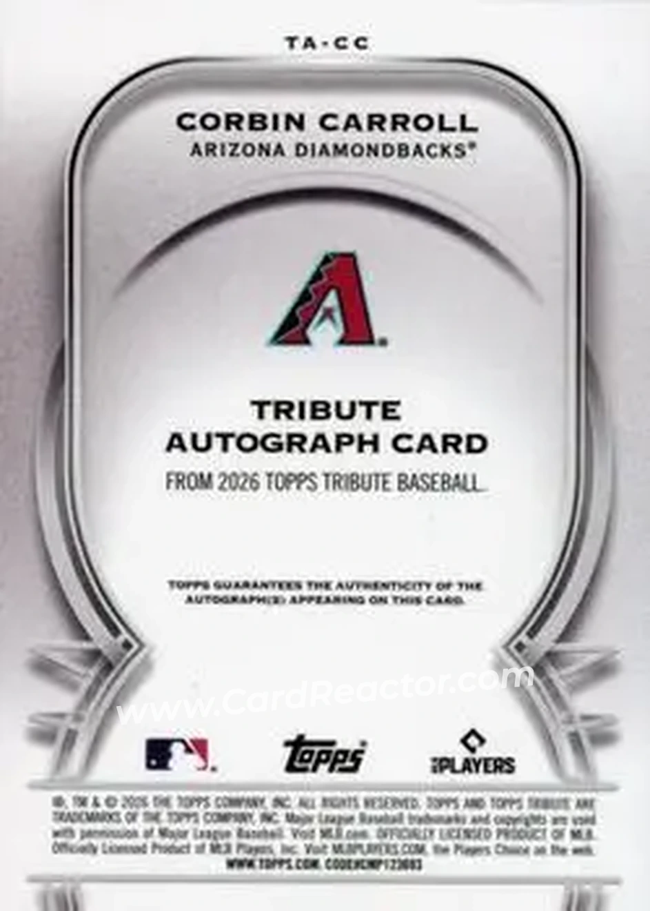 2026 Topps Tribute - Tribute Autographs Orange #TA-CC - Corbin Carroll - Arizona Diamondbacks - Back 2026 Topps Tribute - Tribute Autographs Orange #TA-CC - Corbin Carroll - Arizona Diamondbacks - Back