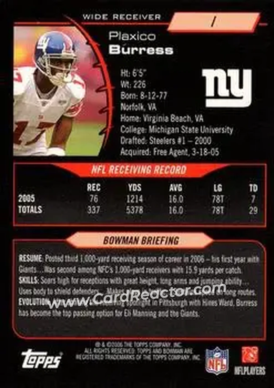 2006 Bowman #1 - Plaxico Burress - New York Giants - Back