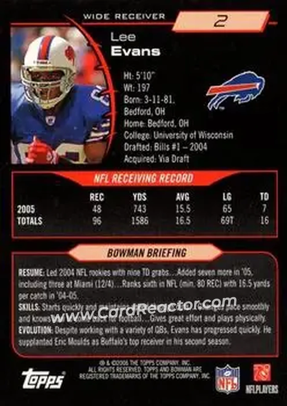 2006 Bowman #2 - Lee Evans - Buffalo Bills - Back